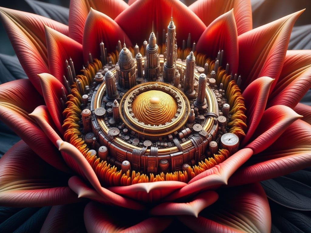 <lora:-Bloomopolis-:1.0> A steampunk-inspired artwork featuring a large, vividly detailed red flower integrated with int...
