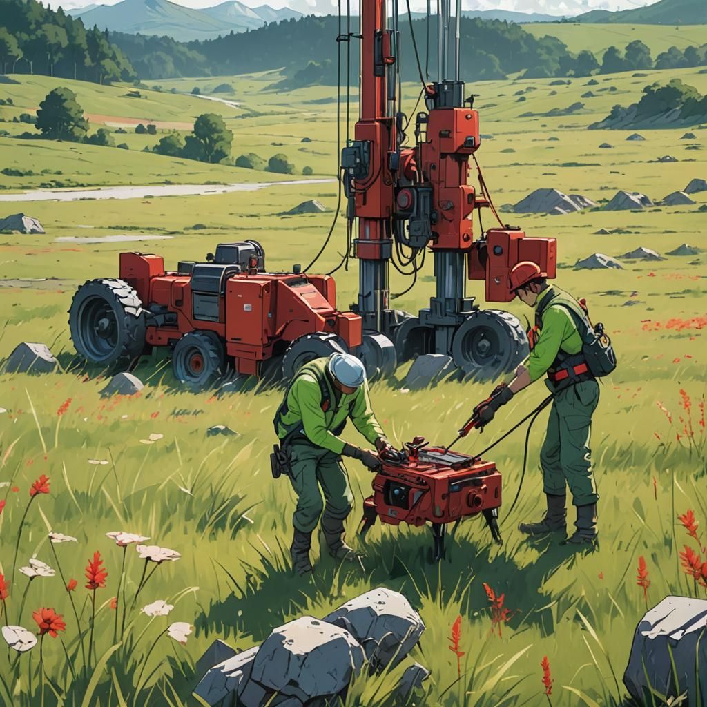 Geologists Test Drilling Machine in Anime Style
