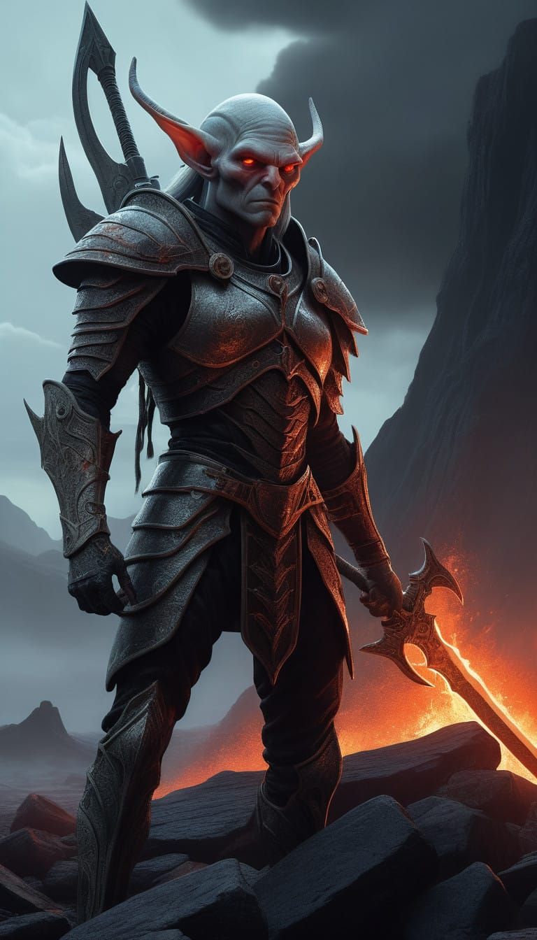 Majestic Gray-Skinned Elf Warrior in Battle Stance, Cyberpun...