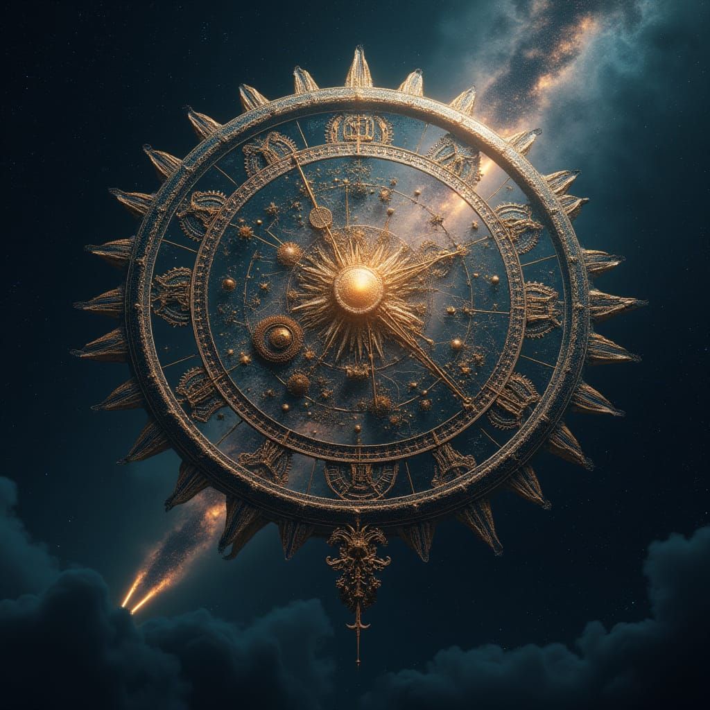 Celestial Clockwork Gears Etched with Constellations in Spac...