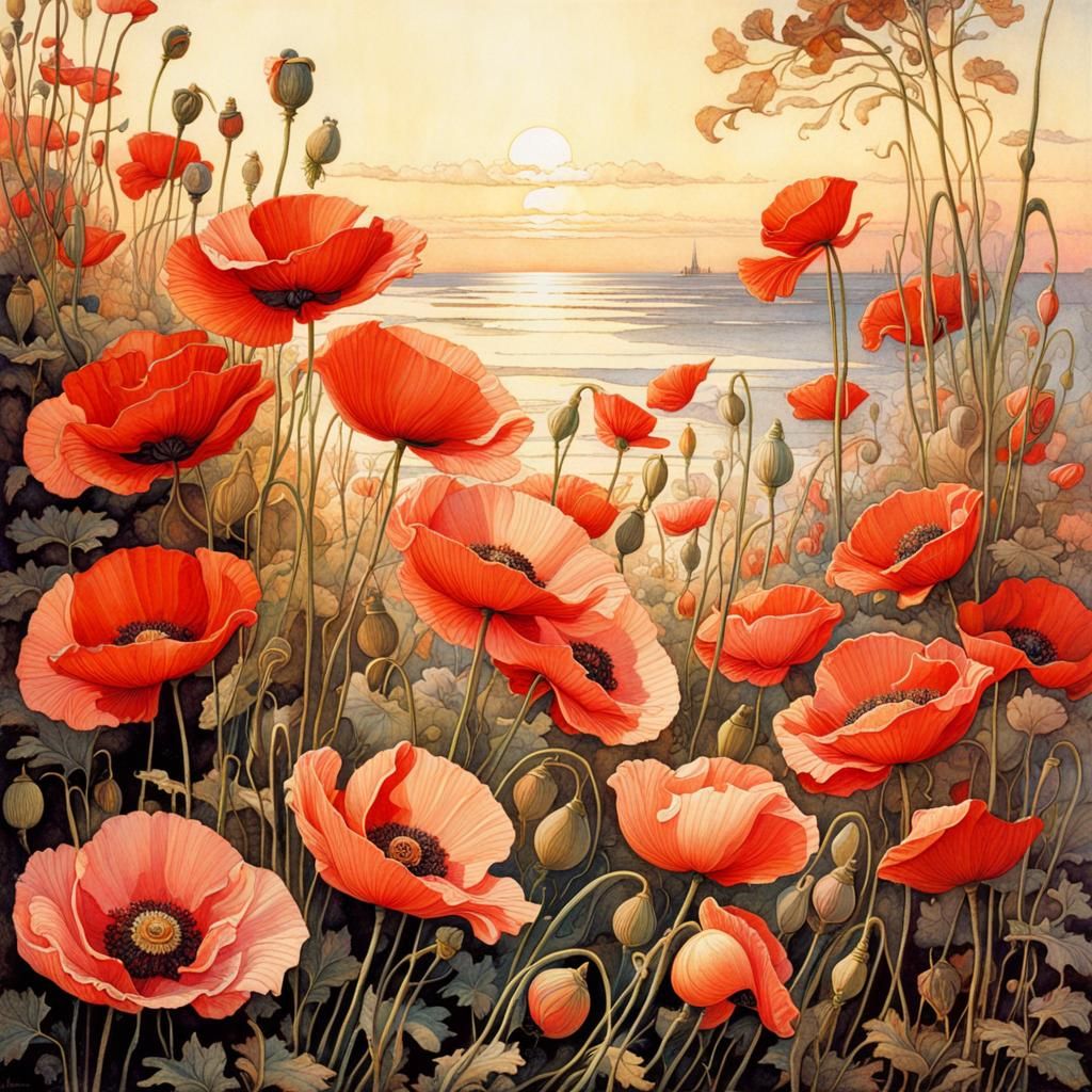 Ethereal Poppies Dance in Soft Pink Evening Light