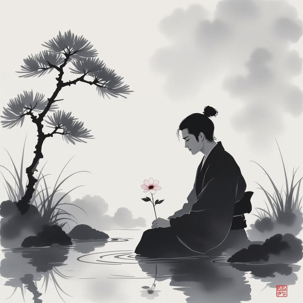 Gay Man Contemplates Flower in Minimalist Japanese Garden