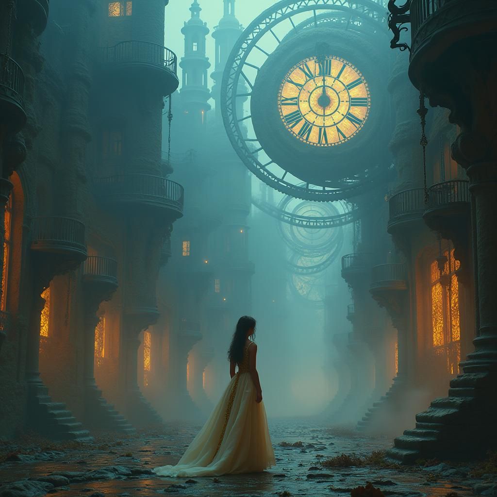Girl in Clockwork City, Surrealist Dreamscape