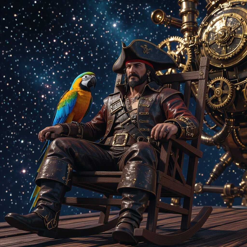 Pirate Captain in Steampunk Machine in Space