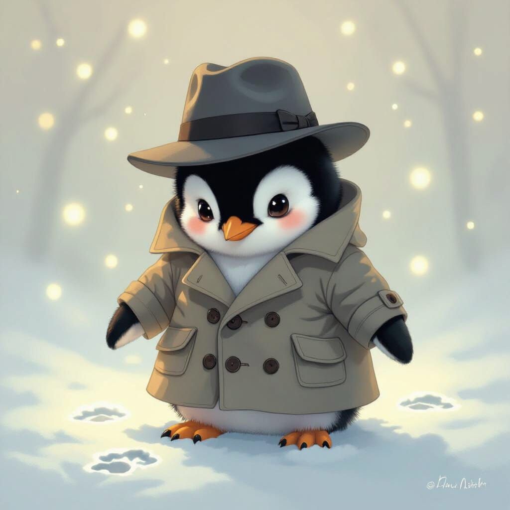 Baby Penguin Detective in Bioluminescent Snow, Ghibli Style