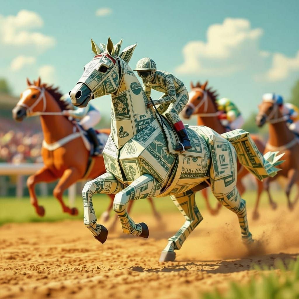 Origami Dollar Horse Gallops in Realistic Race
