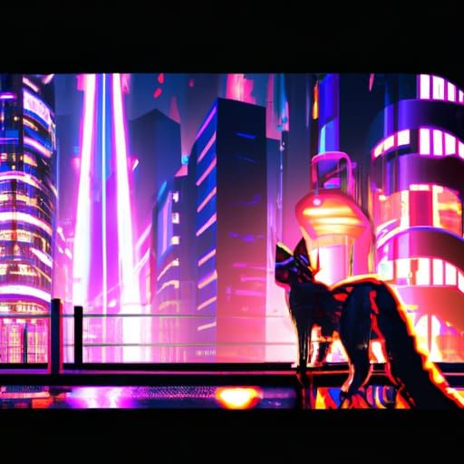 Cyberpunk Cat Overlooking Neon Cityscape at Night