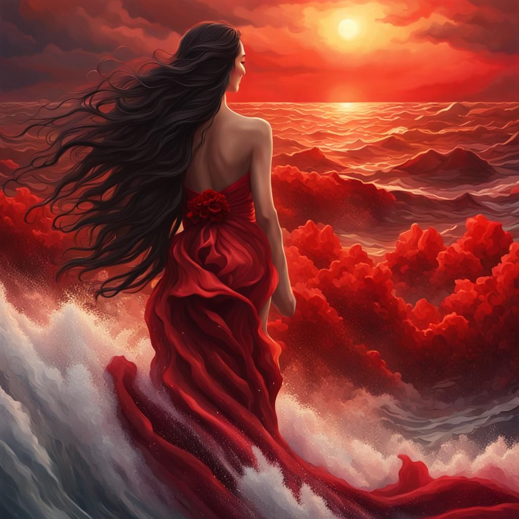 Woman in Red Gown at Red Sea: Hyperrealistic Digital Art