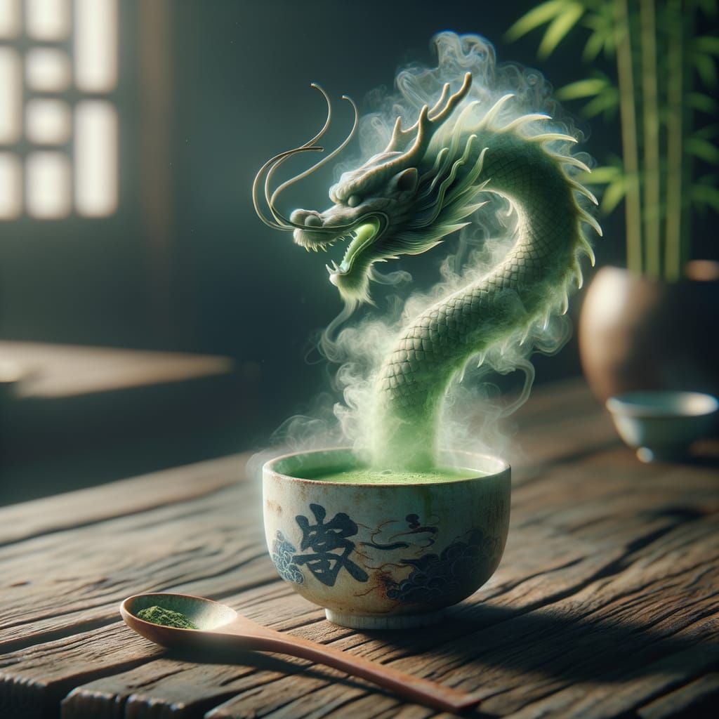 Matcha Dragon Emerges from Kintsugi Cup in Photorealistic St...