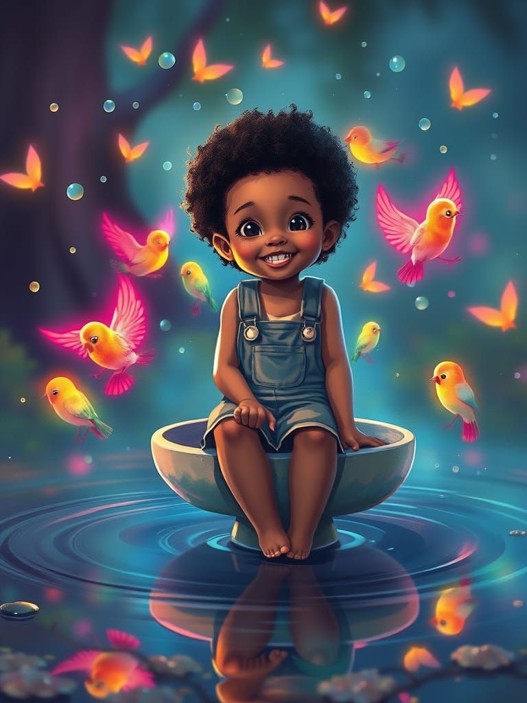 Girl in Birdbath with Bioluminescent Birds, Oil Painting