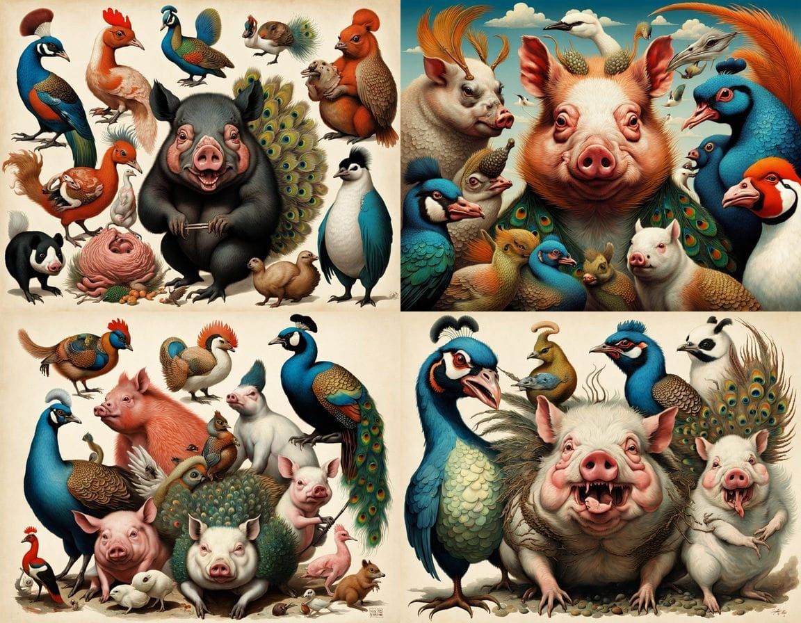 Surreal Mutant Boar-Squirrel Hybrid with Peacock and Panda E...