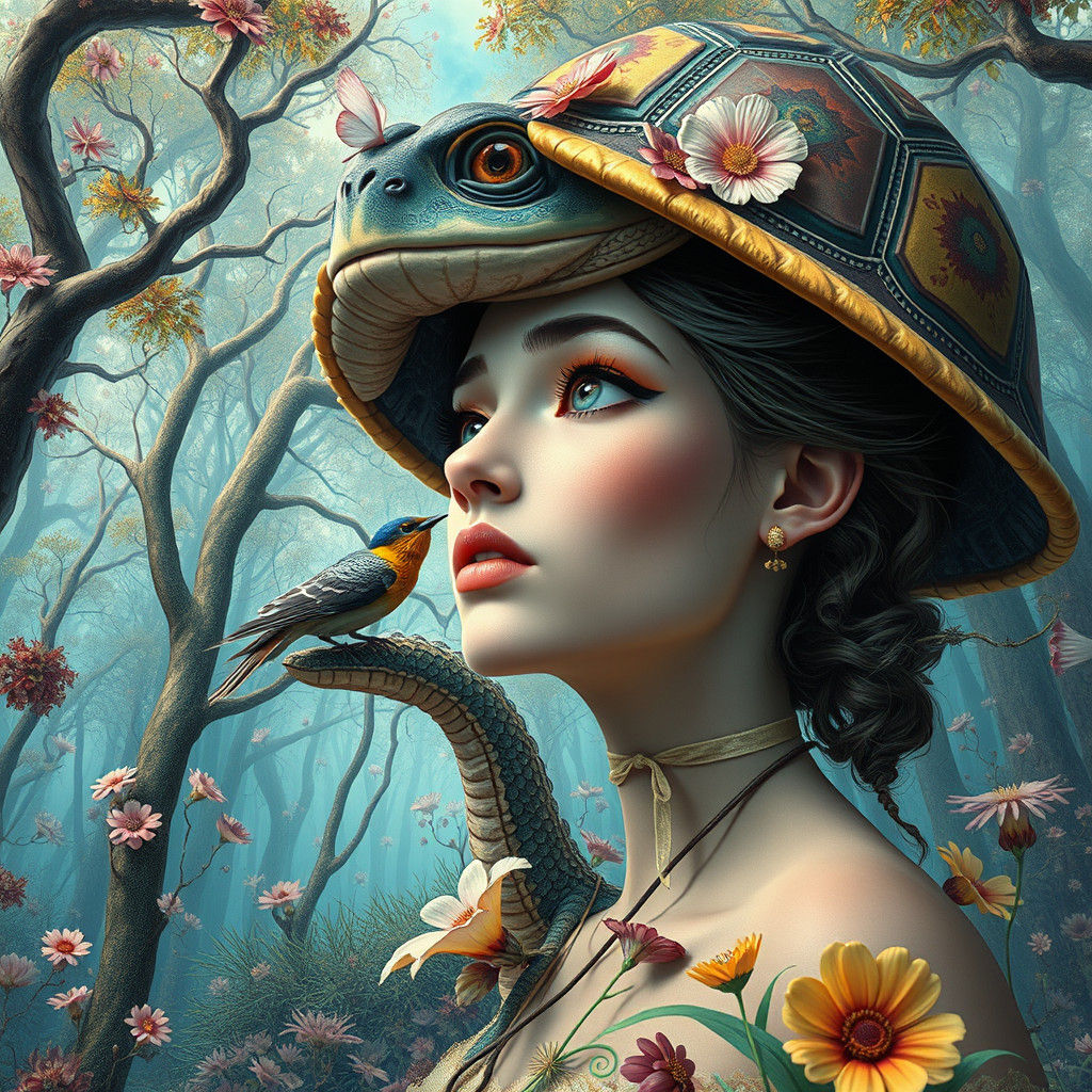 Surreal Woman in Dreamlike Forest, Art Nouveau Style