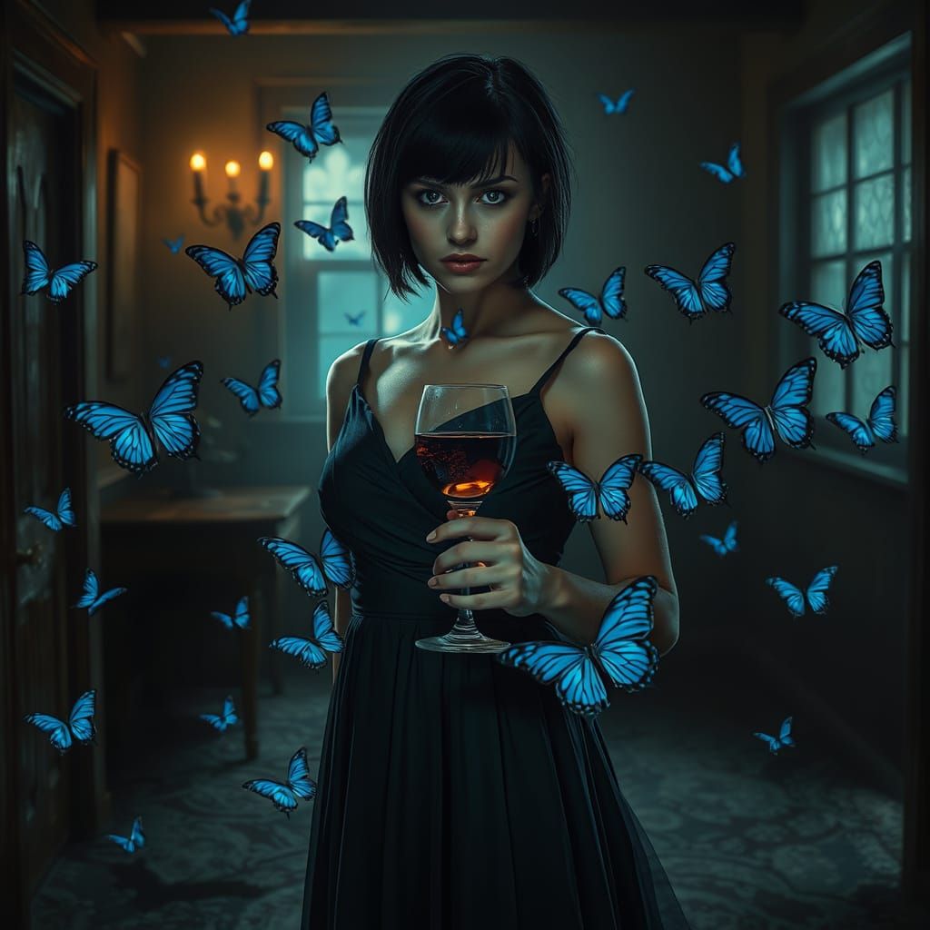Haunting Woman with Butterflies in Surreal Horror Style