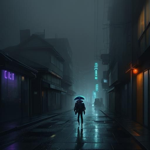 Cyborg in Dystopian Cityscape with Volumetric Lighting