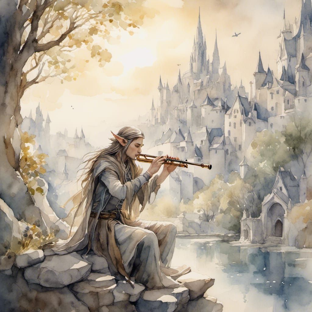 Elven Bard in Antique Watercolor Style
