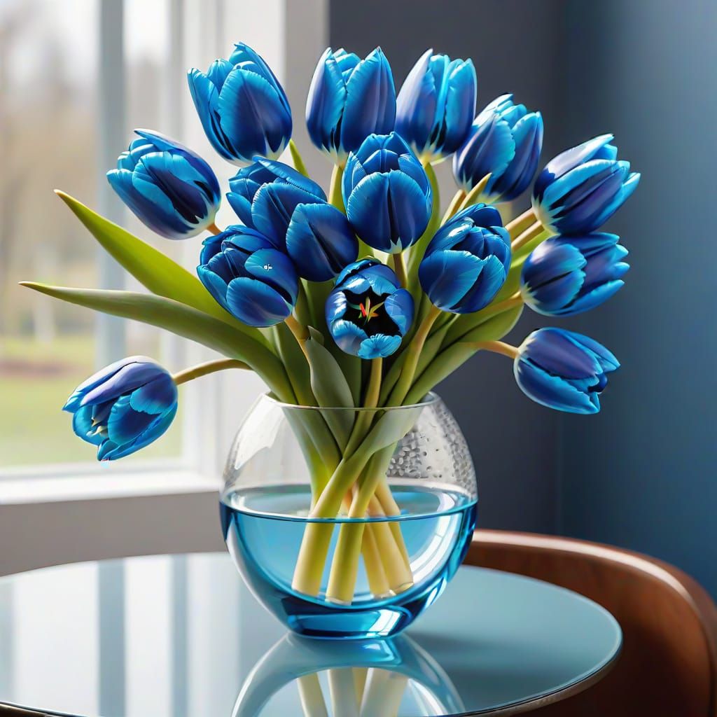 Abstract Bouquet of Blue Tulips in Crystal Glass