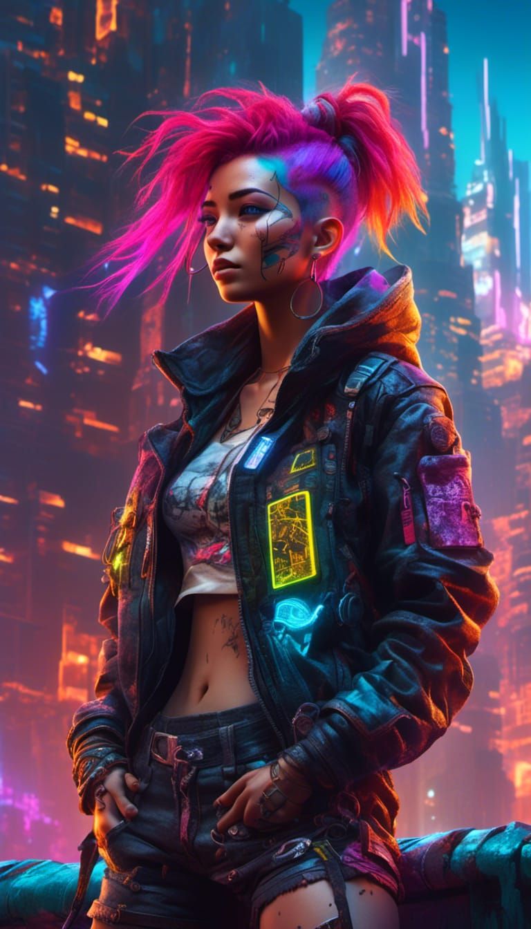 Hyperrealistic Cyberpunk Woman on Skyscraper