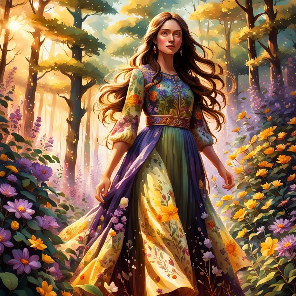 Woman in Forest of Flowers, Fantasy Concept Art