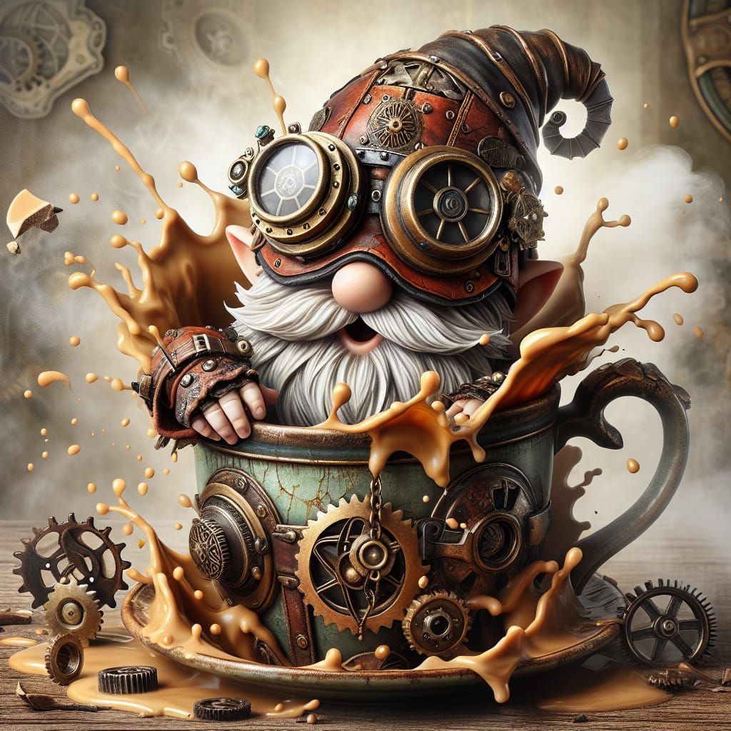 Steampunk Gnome Bursting Through Coffee Mug