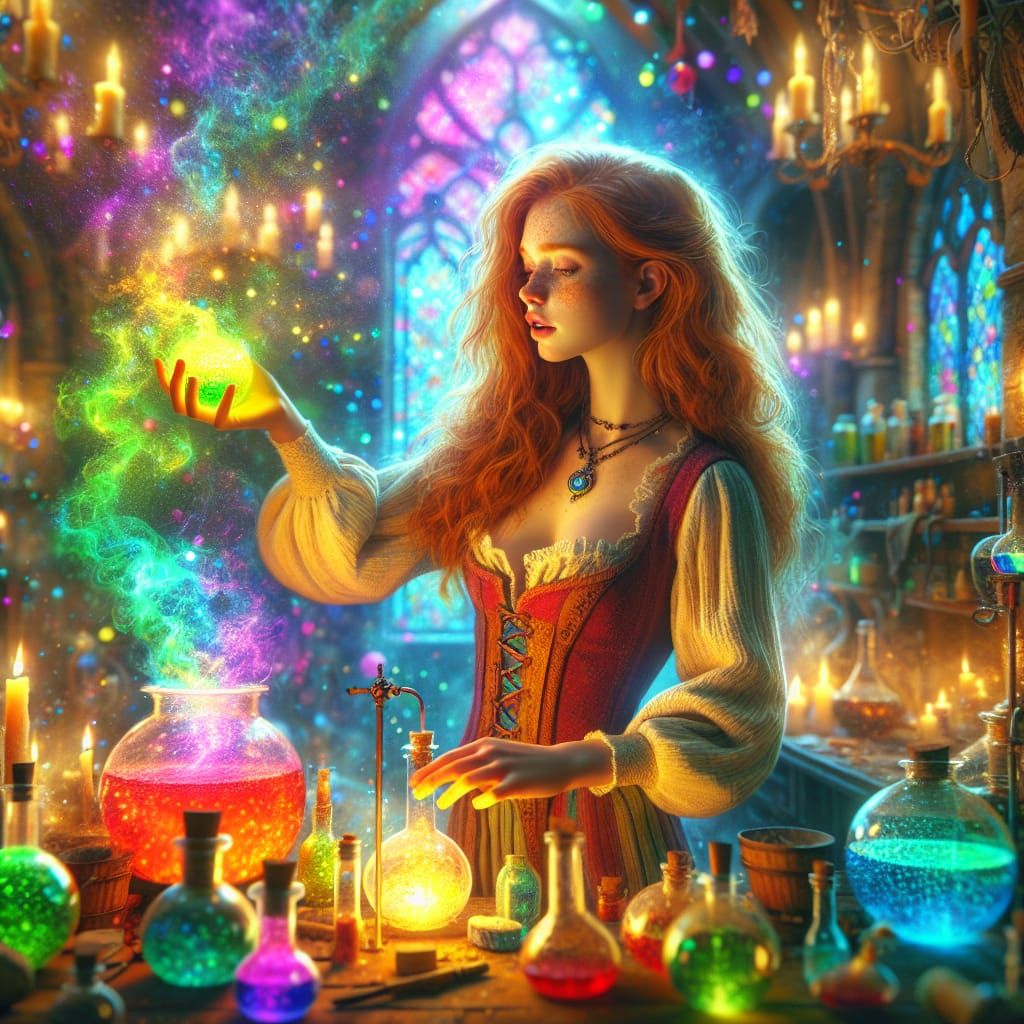 Potion Mistress Concocts Magical Brew in Fantasy Setting