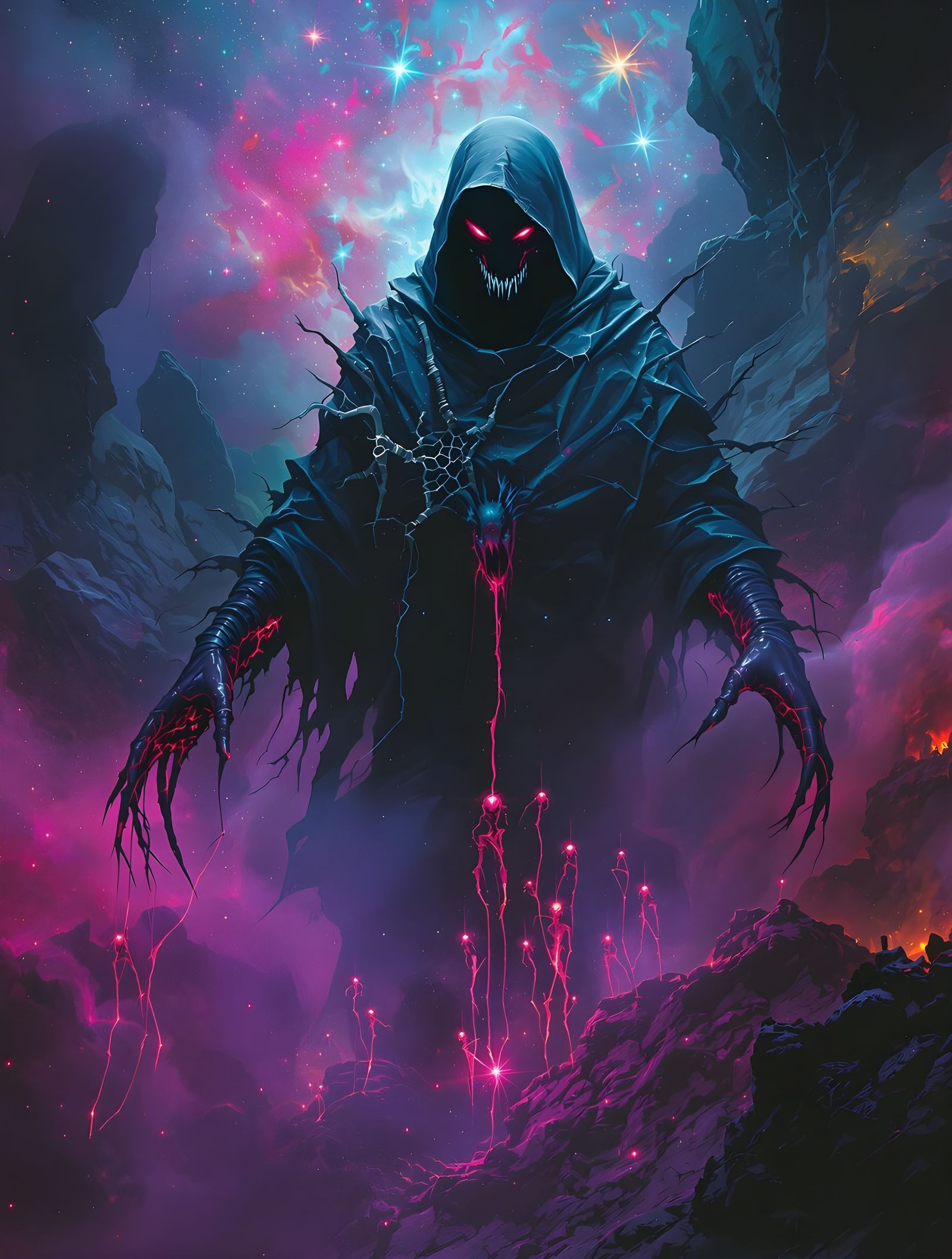 Nebula Figure Emerges from Neon Fog