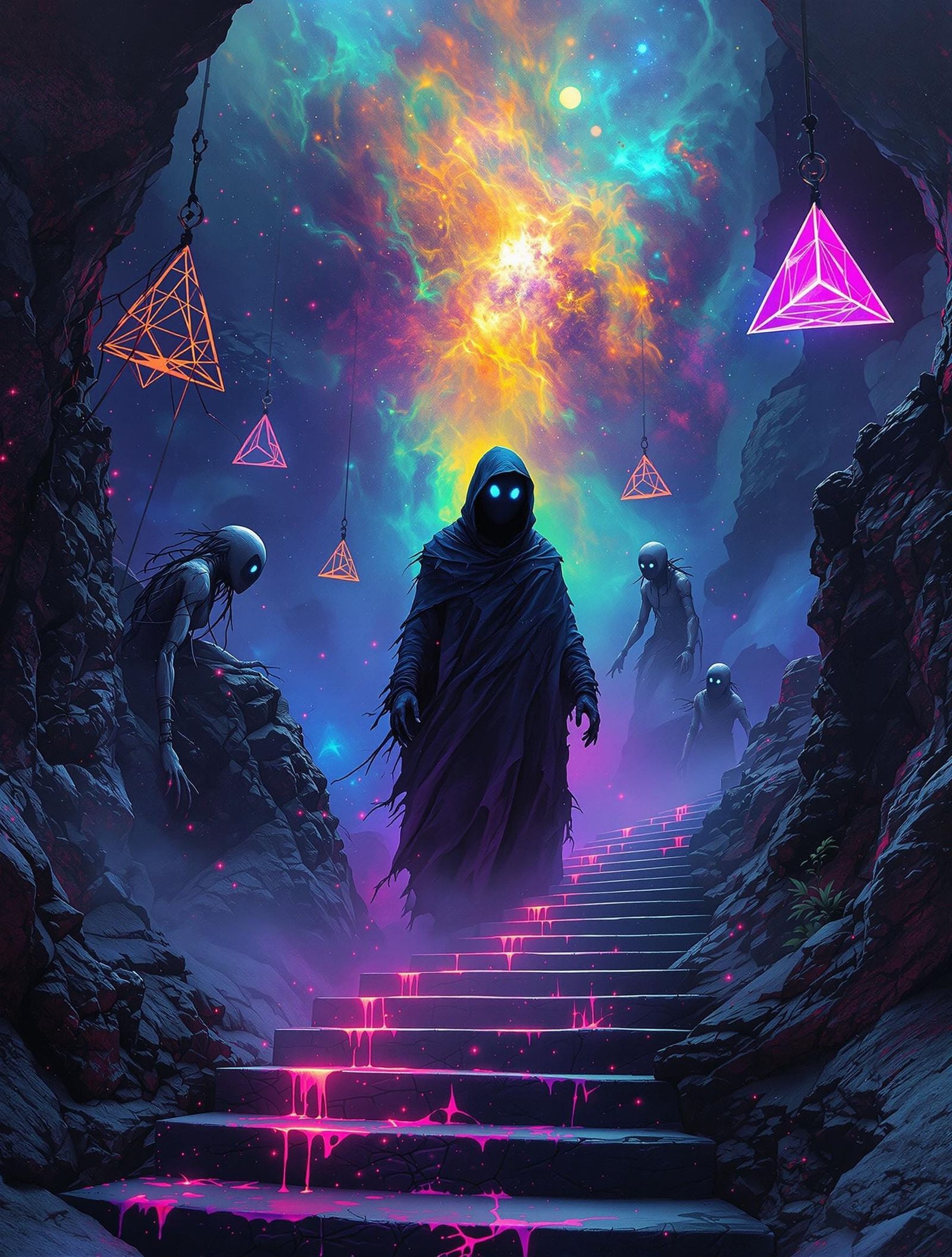 Nebula Figure Emerges from Neon Fog