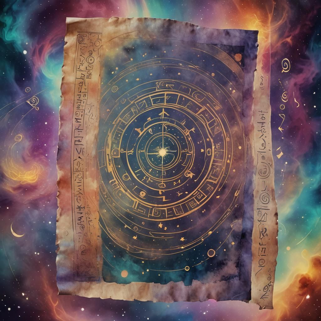 Ancient Scroll with Glowing Runes and Celestial Maps