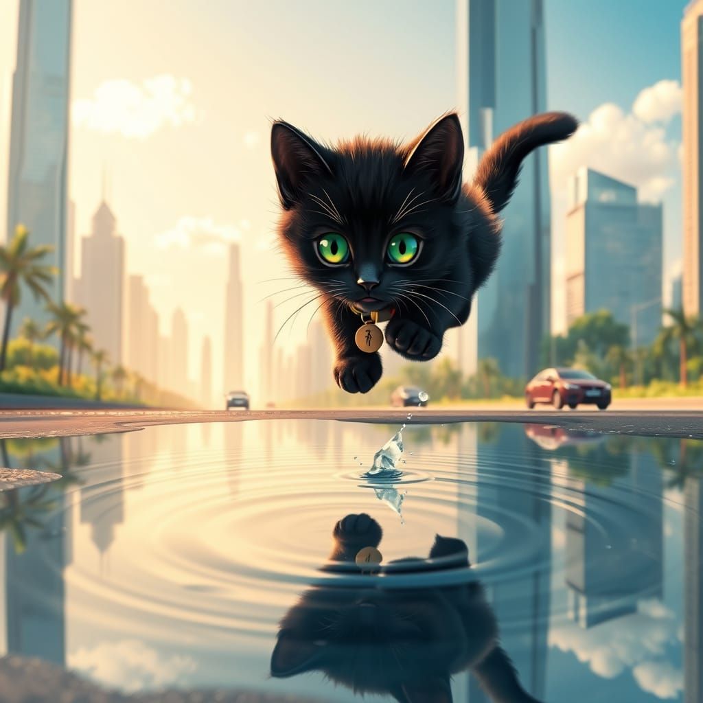 Whimsical Black Kitten Leaps into a City Puddle in a Futuris...