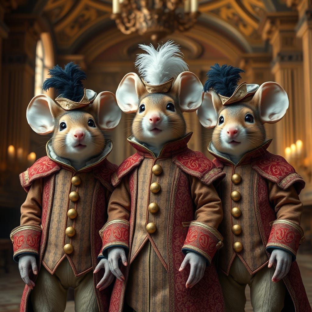 Mice Musketeers in Ornate Hall, Digital Art