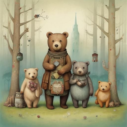 Whimsical Bear Cub and Friends in Enchanted Forest