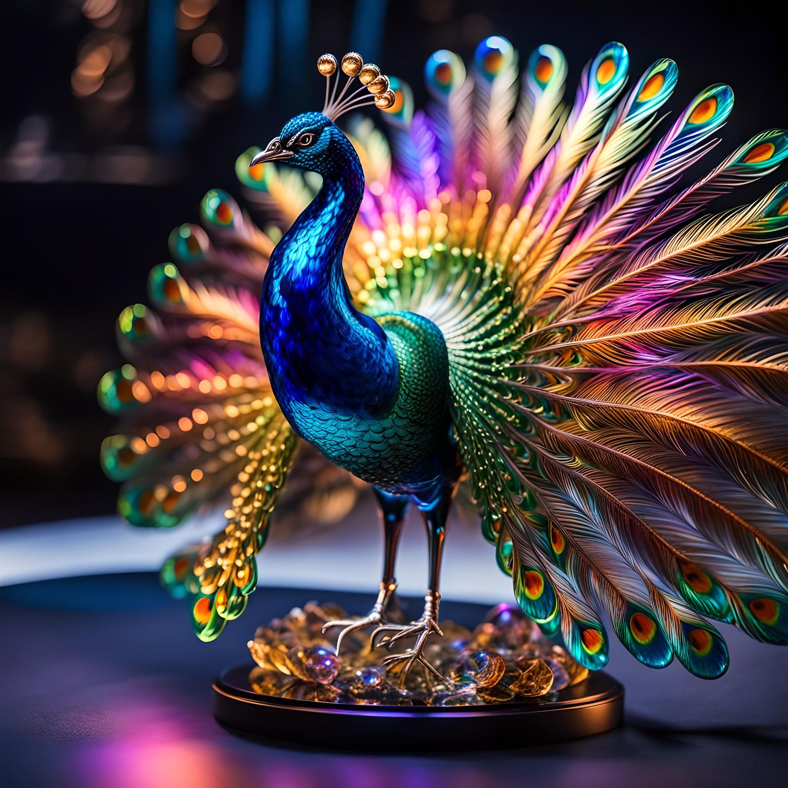 Multicolored Blown Glass Peacock Figurine