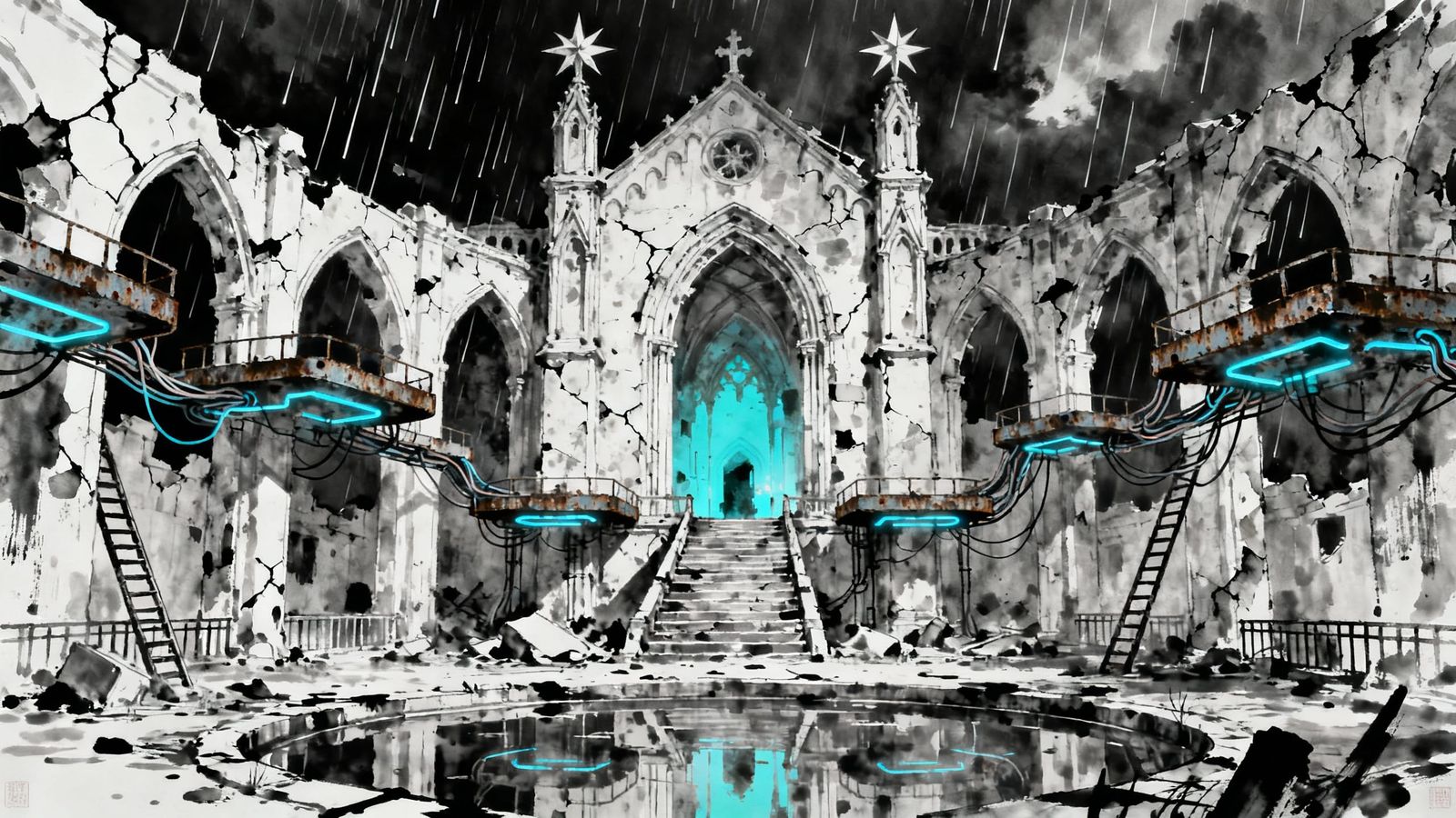 Gothic Ruin with Cyberpunk Elements and Glowing Interior