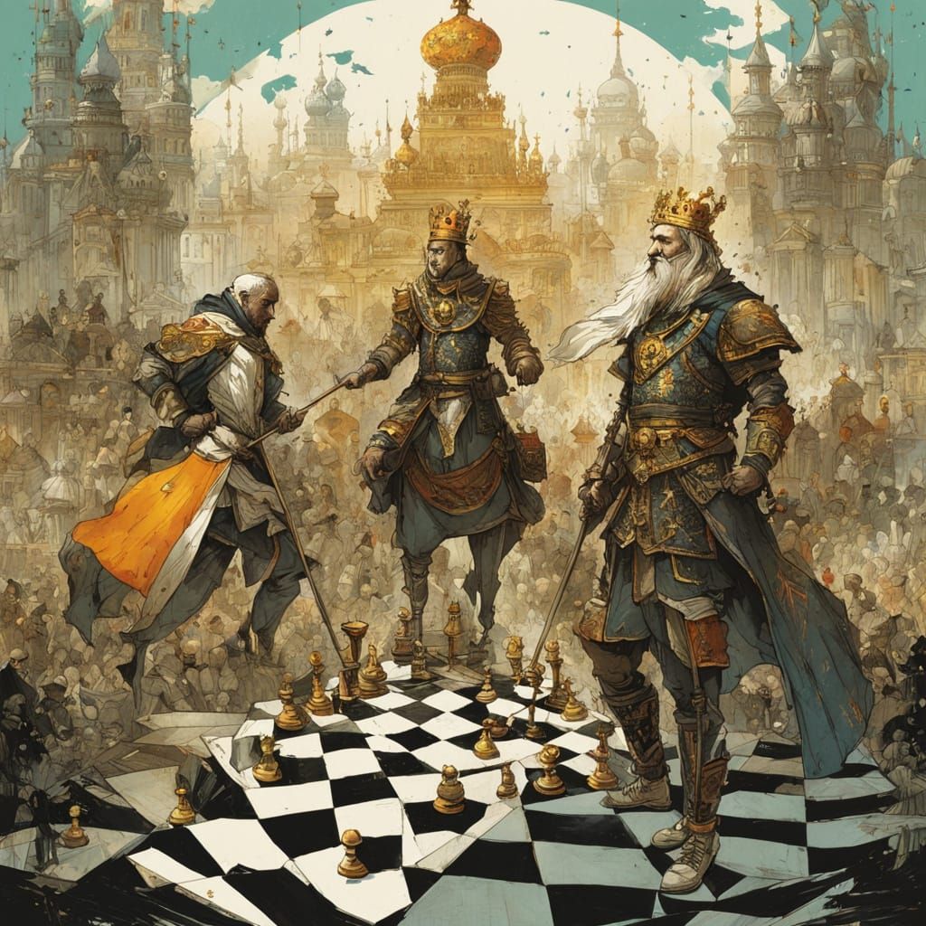 Watercolor Chess Game in Final Phase