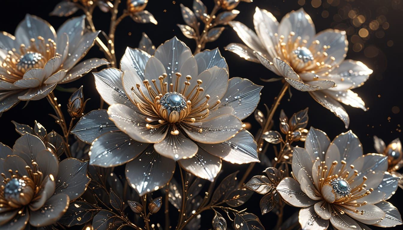 Metallic Silver Flowers with Jewels in Digital Art Style