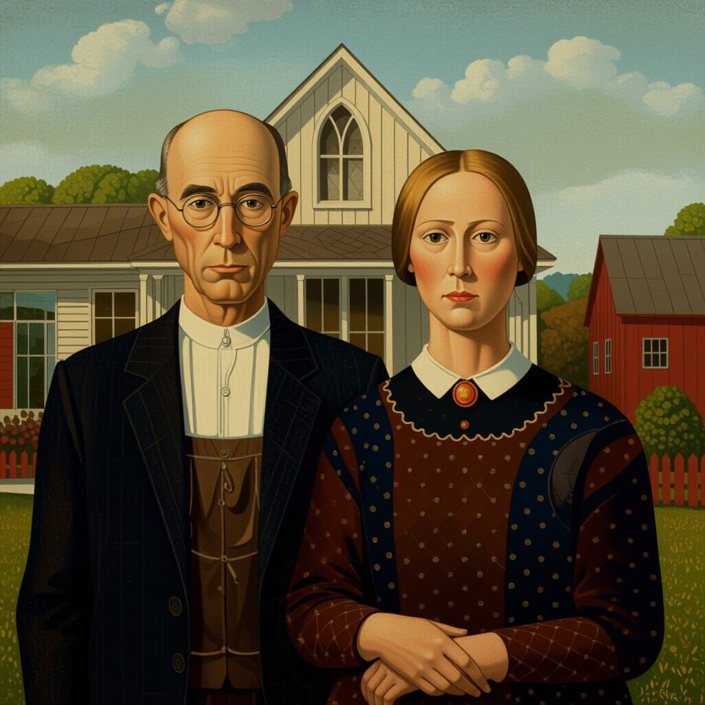 American Gothic Couple in Regionalist Style