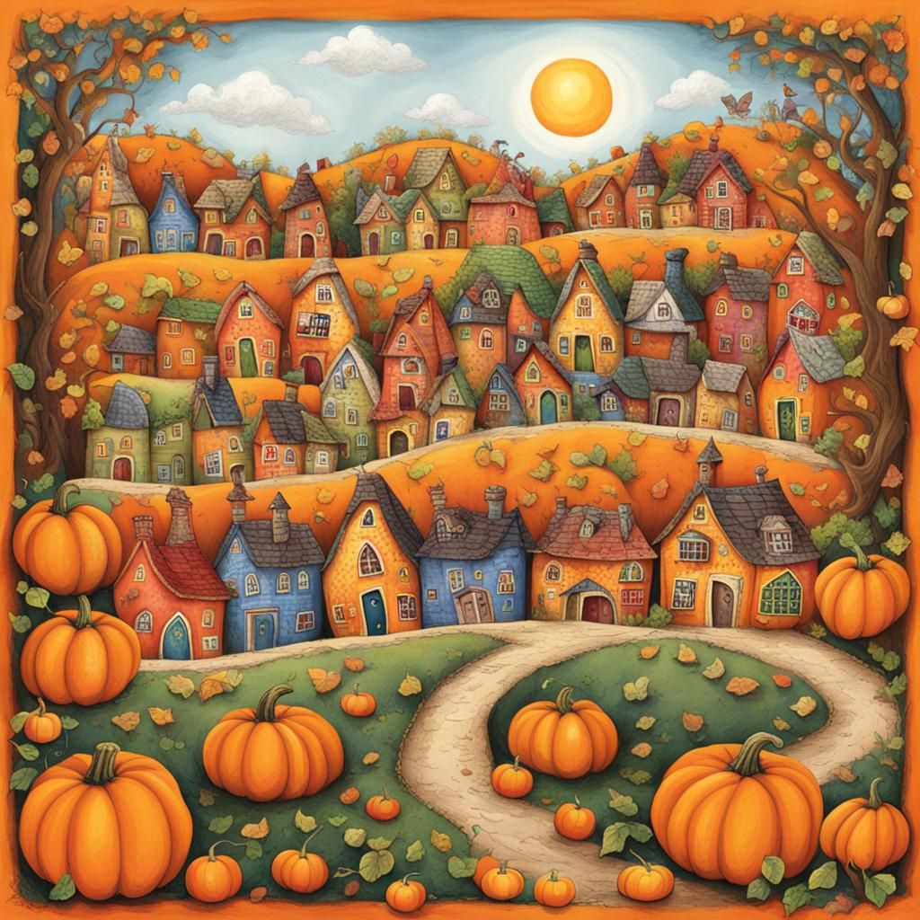 Happy Village Inside a Pumpkin