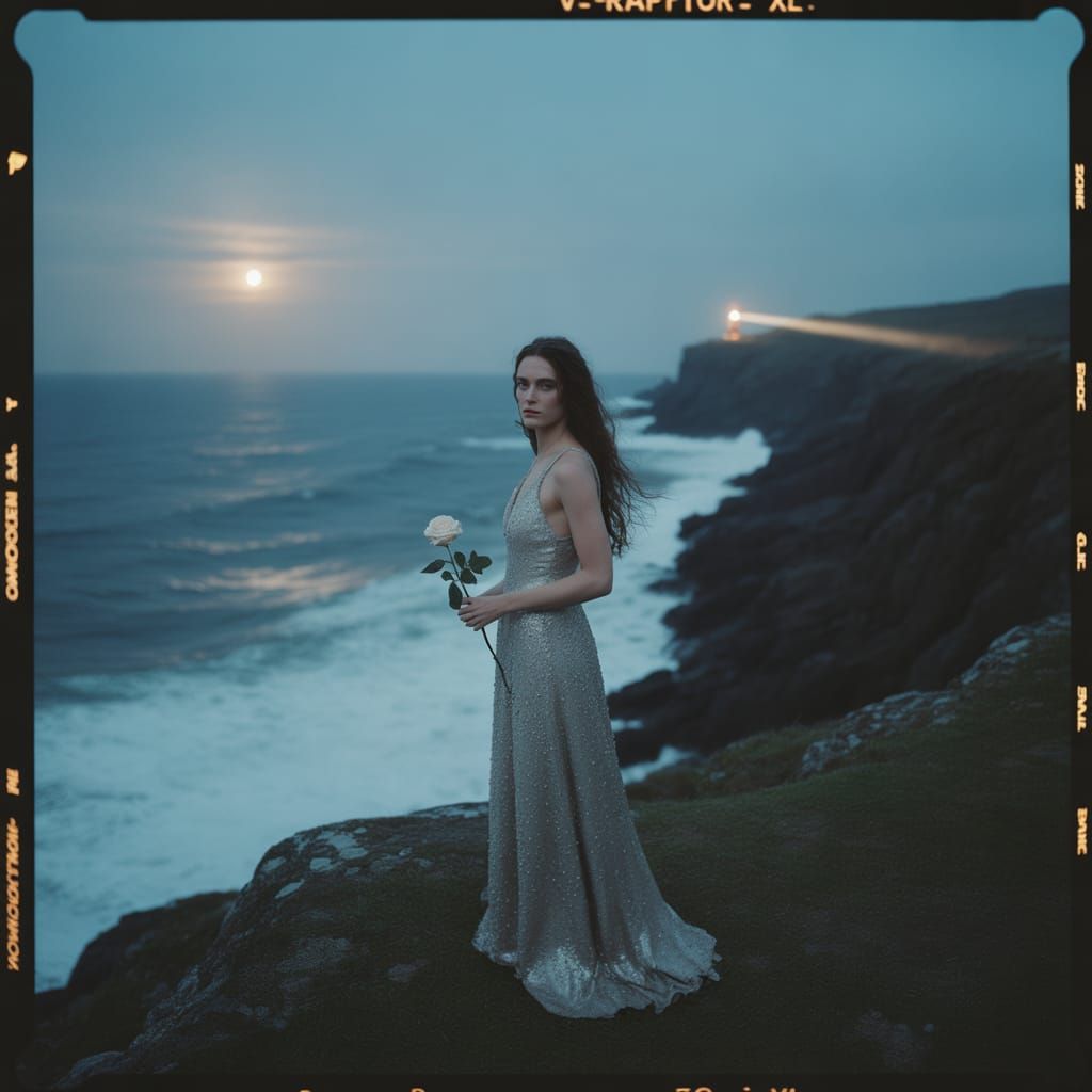 Dramatic Cliffside Figure in Silver Gown