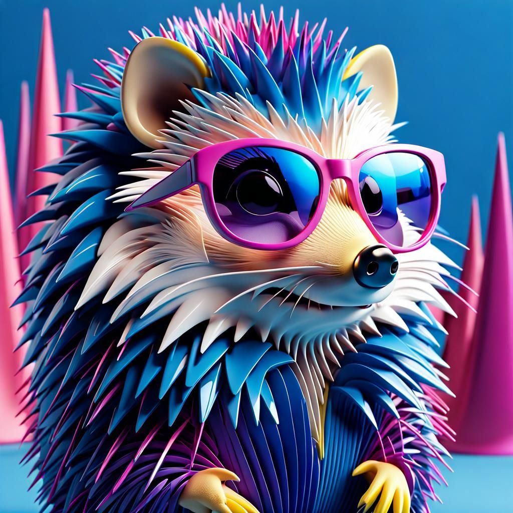 Vibrant 3D Hedgehog with Sunglasses in Line Art