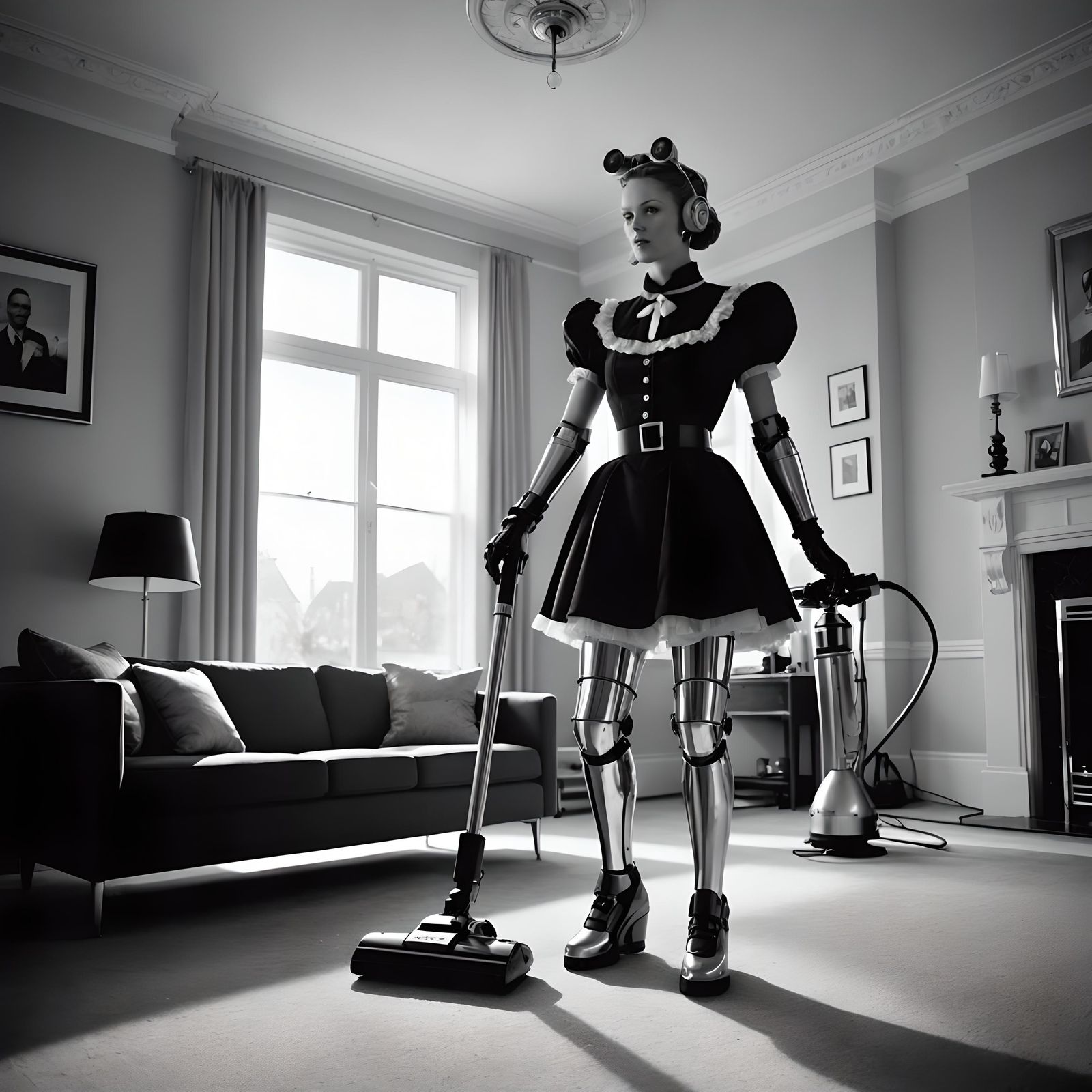 Cyborg Maid in Retro-Futuristic Atomic Age Home