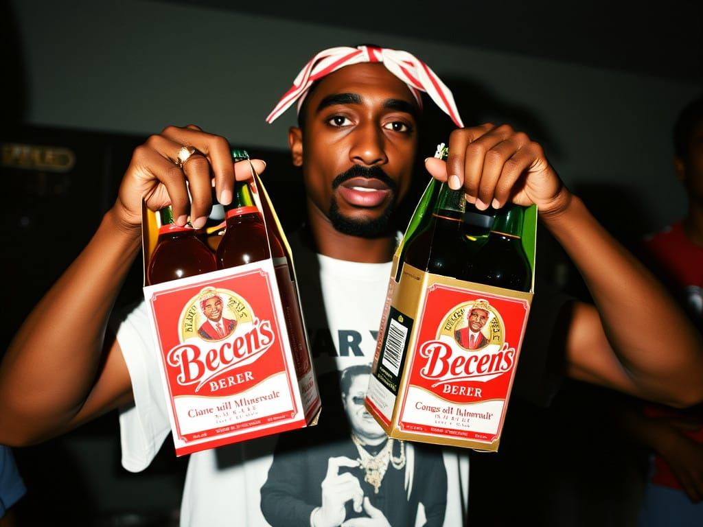 Rap Icon Tupac Shakur Holds Beer Packs in a Humorous Twist