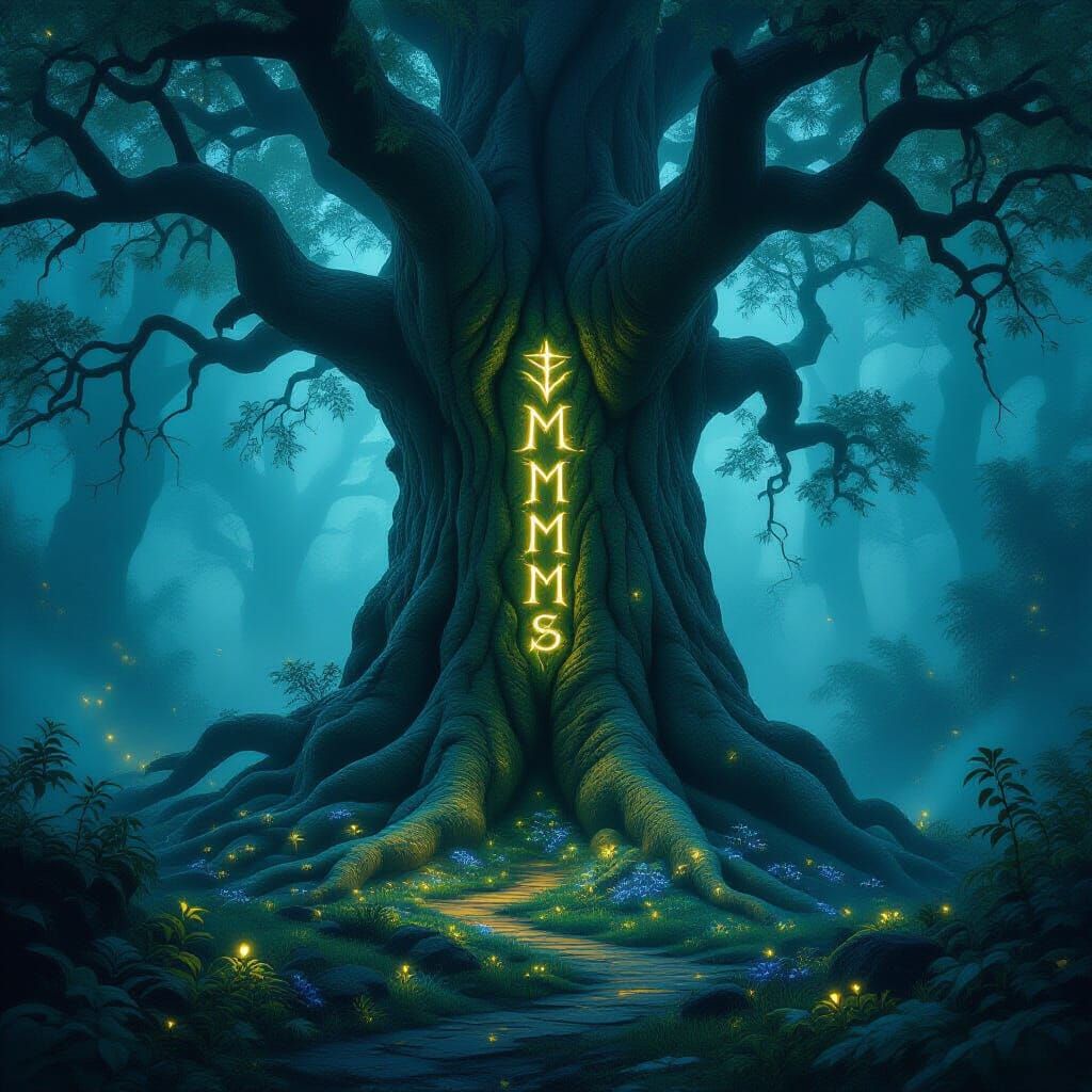 Ancient Tree with Glowing Runes in Misty Enchanted Forest