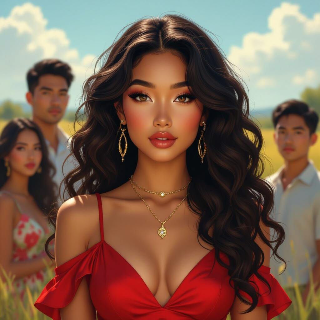 Vietnamese-Black Woman in Red Dress with Gold Jewelry