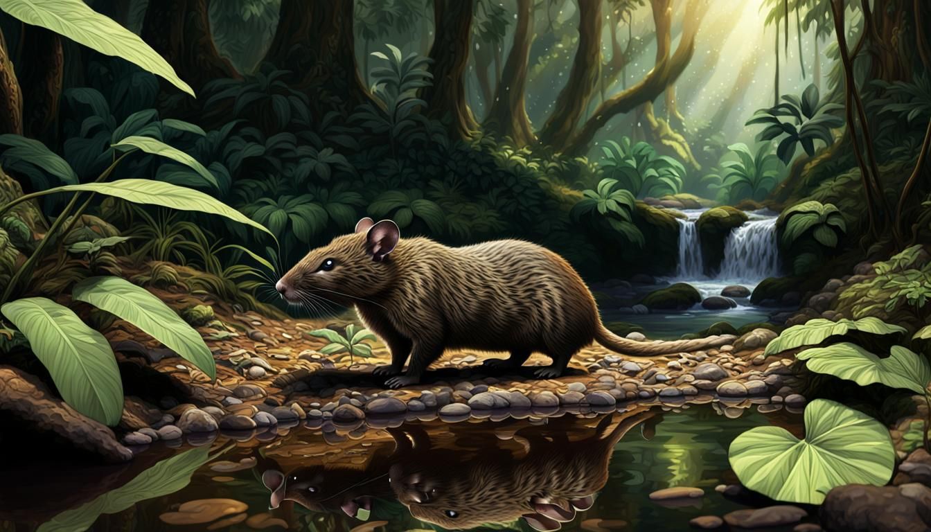 Alert Paca in Lush Rainforest: Photorealistic Matte Painting