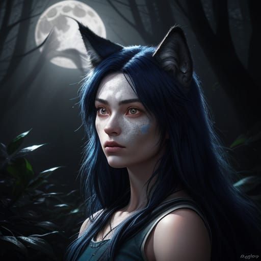 Girl with Wolf Features Howling at Moon