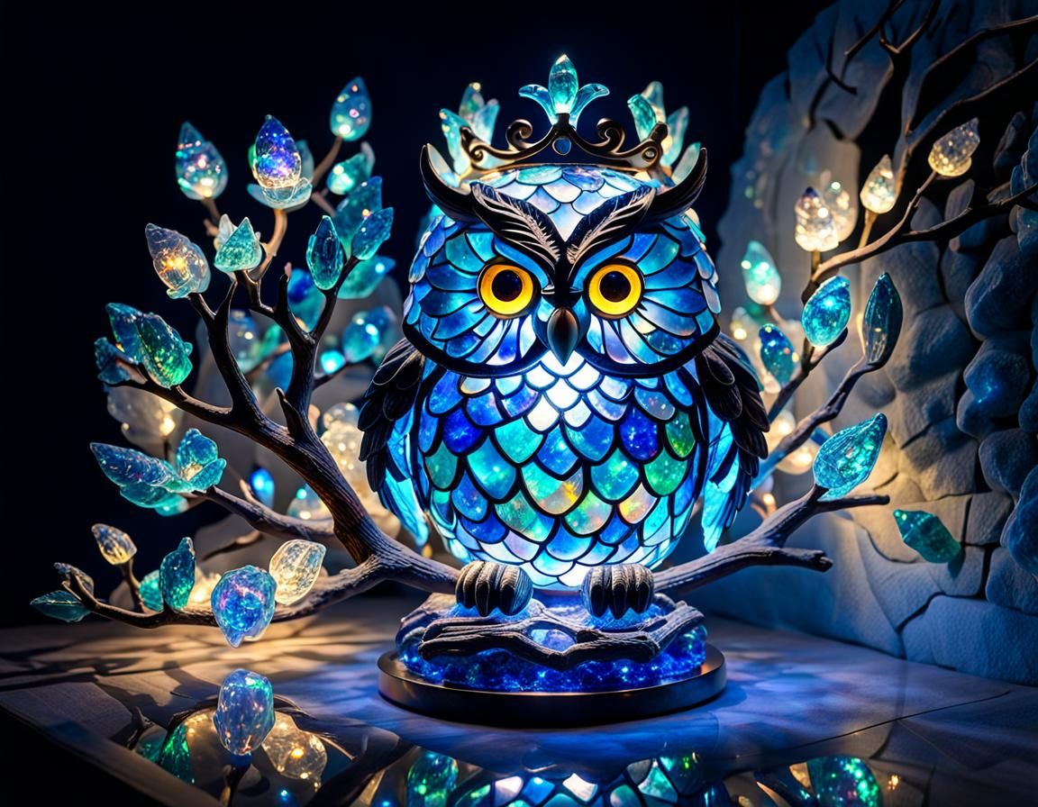 Cosmic Opal Owl Lamp with Galaxies and Crystals
