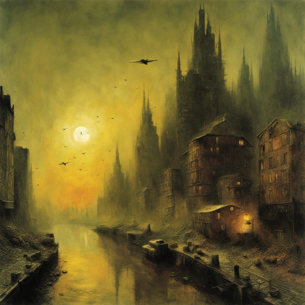 Surreal Dystopian Cityscape in Dark Fantasy Style