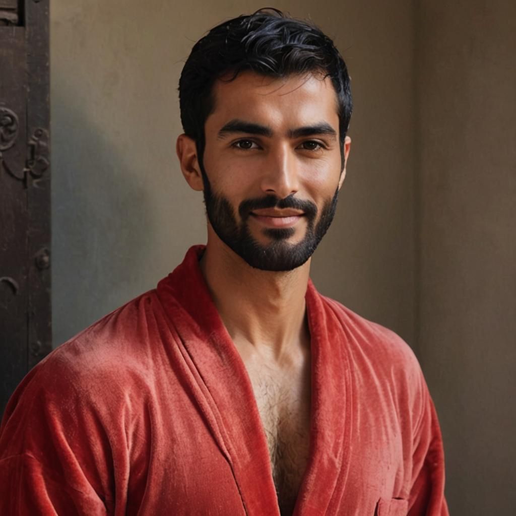 Smiling Man in Red Bathrobe: Expressionist Impasto Painting