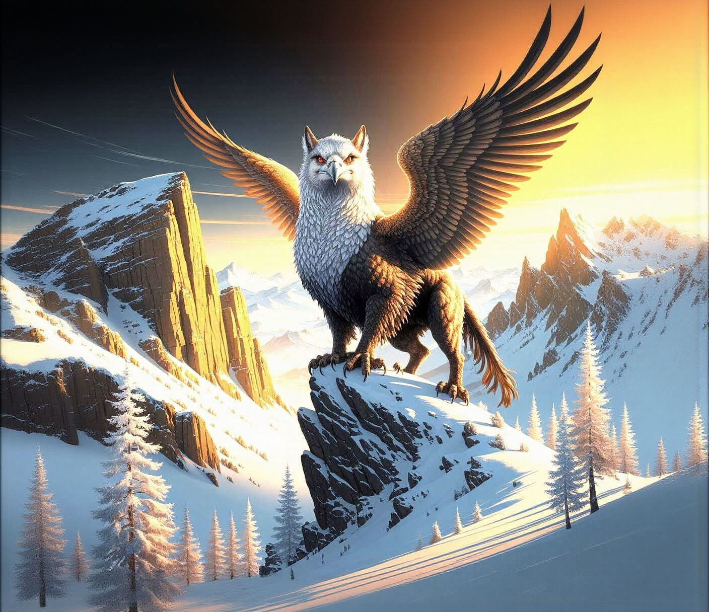 Griffin Perched Atop Snowy Mountain Peak