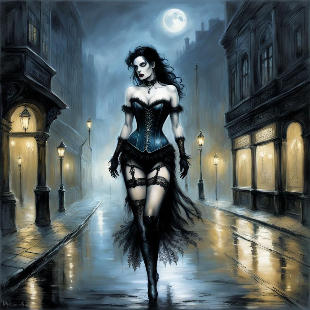 Gothic Woman in Misty Stockholm Street, Color Splash Art