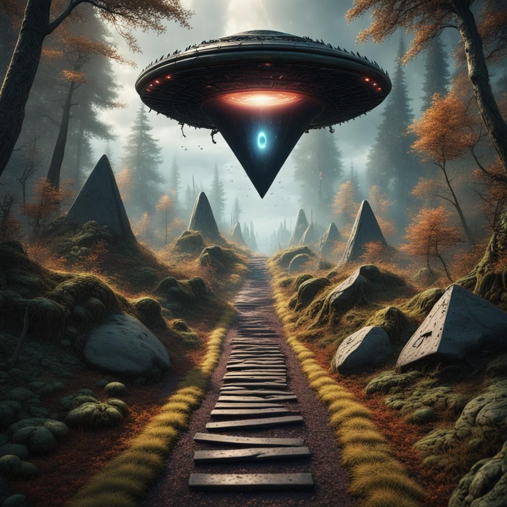 Crashed UFO on Woodland Path: Matte Painting